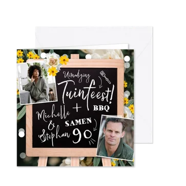 Uitnodigingskaart met krijtbord, bloemen en confetti